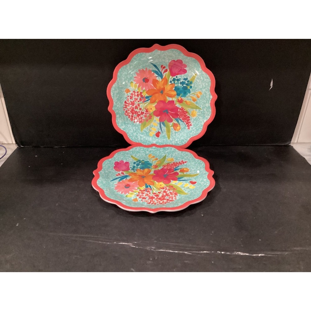 Pioneer Woman 11" Sunny Days Coral Floral Melamine Dinner Plates Set Of 2